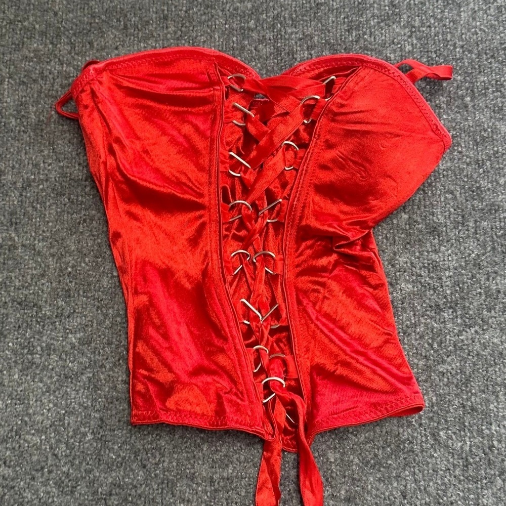 Spirit Halloween Corset Top Womens Size M Red Satin Lace Up Front Costume Goth